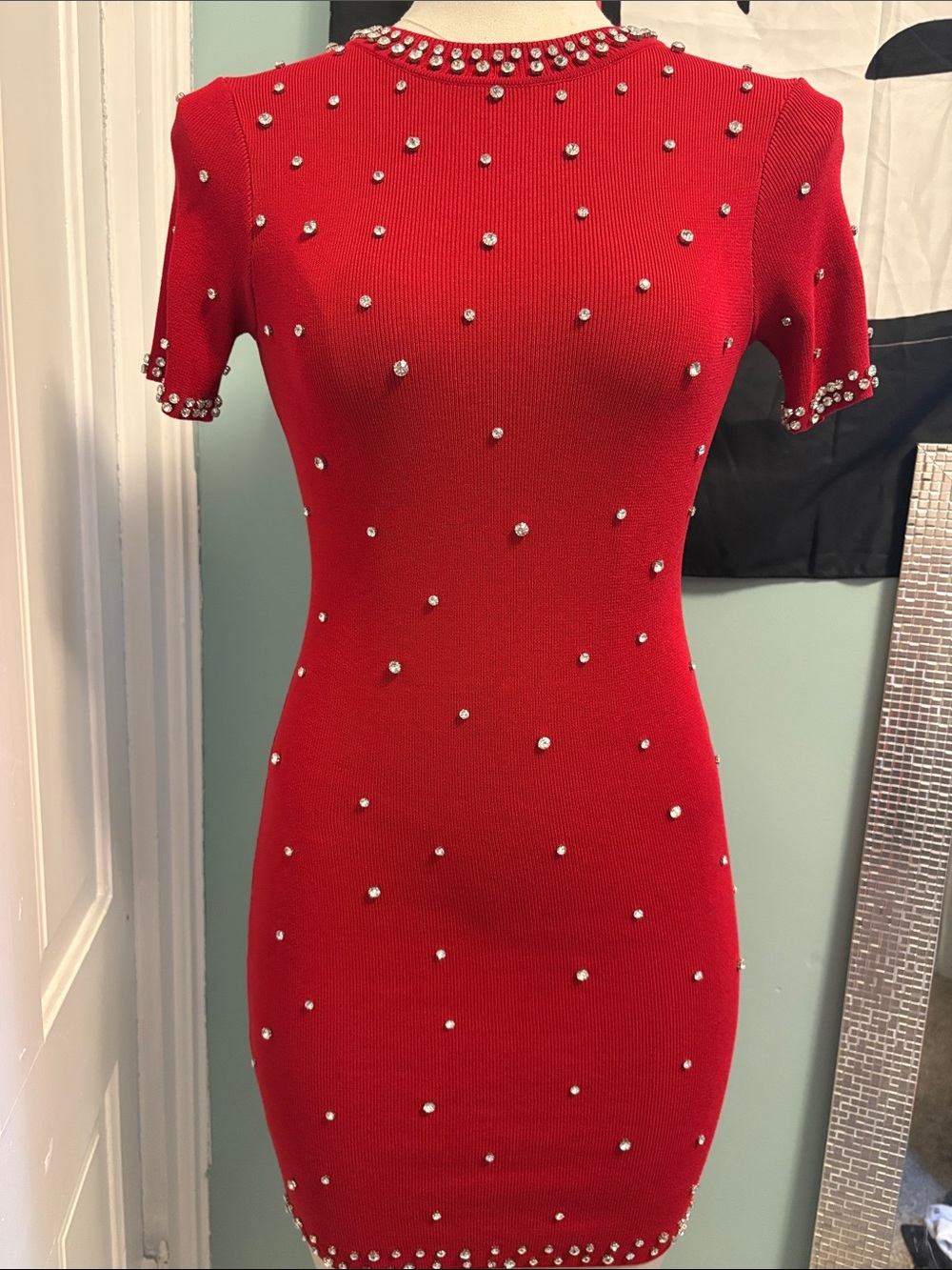 Red Short-Sleeve Embellished Mini Dress